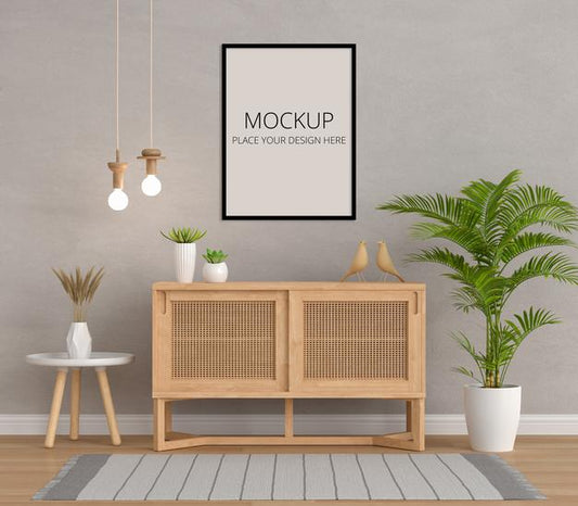 Free Wood Sideboard In Living Room With Frame Mockup Psd