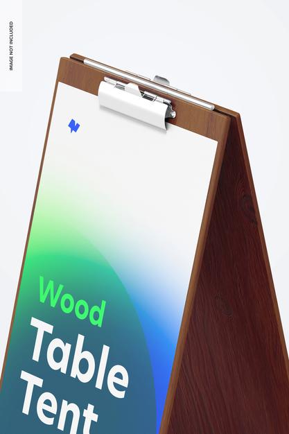 Free Wood Table Tent With Clip Mockup, Close-Up Psd