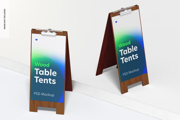 Free Wood Table Tents With Clip Mockup, Front View Psd