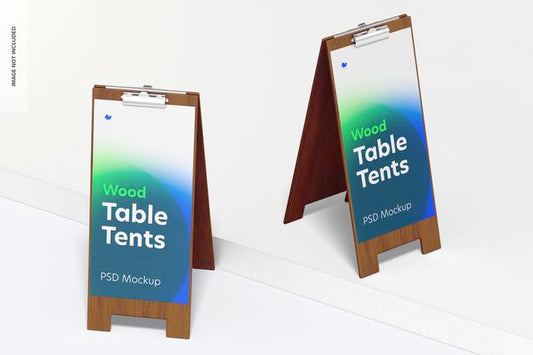 Free Wood Table Tents With Clip Mockup, Front View Psd
