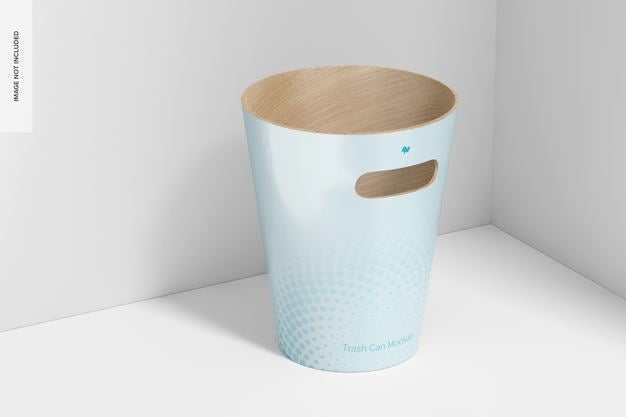 Free Wood Trash Can Mockup, Perspective View Psd