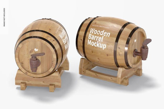 Free Wooden Barrels On Stand Mockup, Perspective Psd