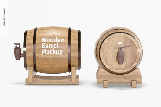 Free Wooden Barrels On Stand Mockup Psd