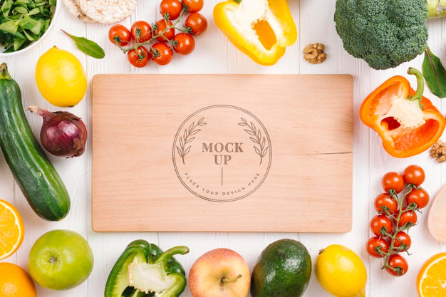 Free Wooden Board And Veggies Vegan Food Mock-Up Psd