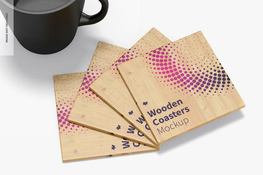 Free Wooden Coasters Mockup, Close-Up Psd