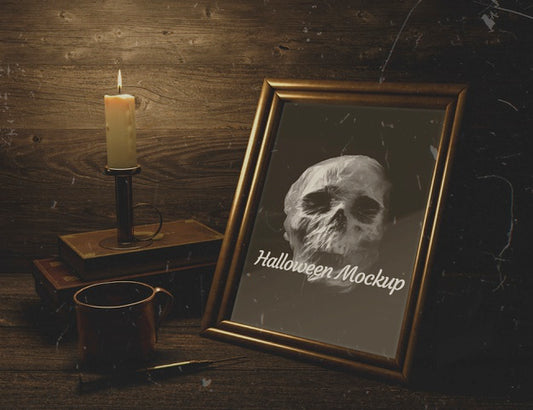 Free Wooden Decor And Halloween Mock-Up Frame With Skull Psd