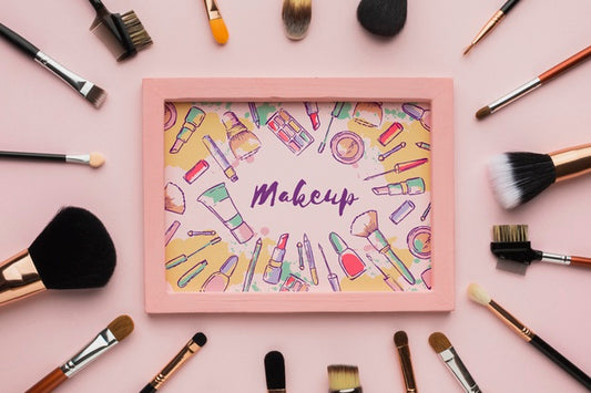 Free Wooden Frame Surrounded By Makeup Brushes Psd