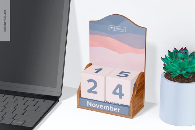 Free Wooden Infinite Desk Calendar Mockup, On Desk Psd