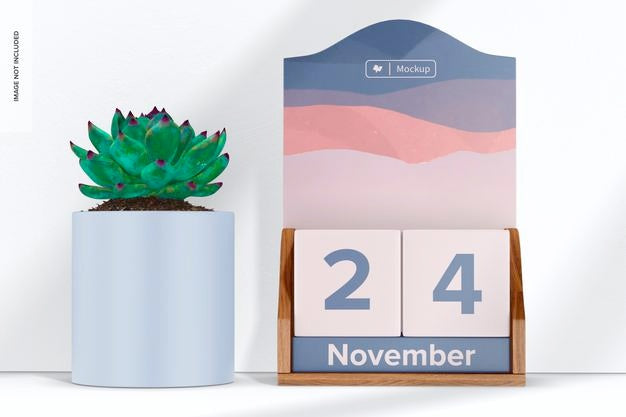 Free Wooden Infinite Desk Calendar Mockup, With Plant Pot Psd