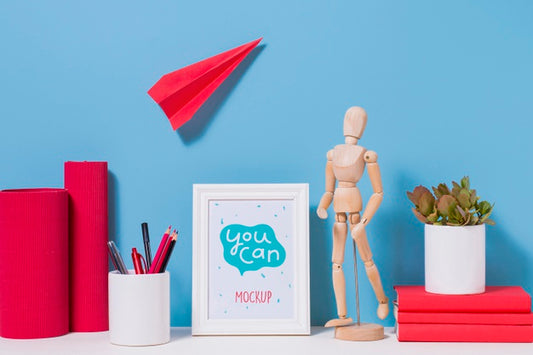 Free Wooden Mannequin And School Supplies With Mock-Up Psd