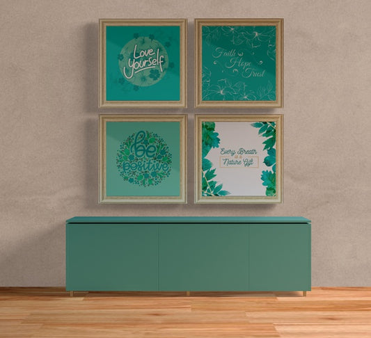 Free Wooden Painting Frames Above Blue Table Psd