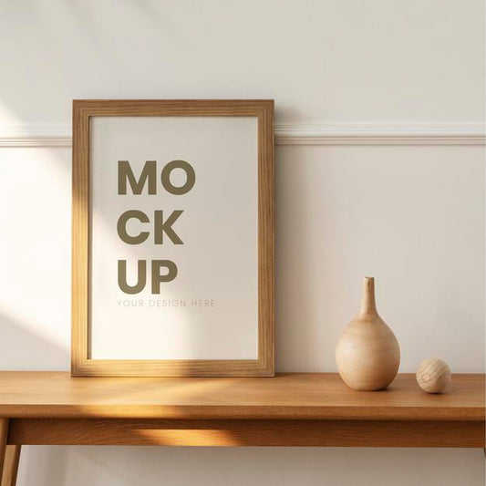 Free Wooden Picture Frame Mockup On A Wooden Sideboard Table Psd