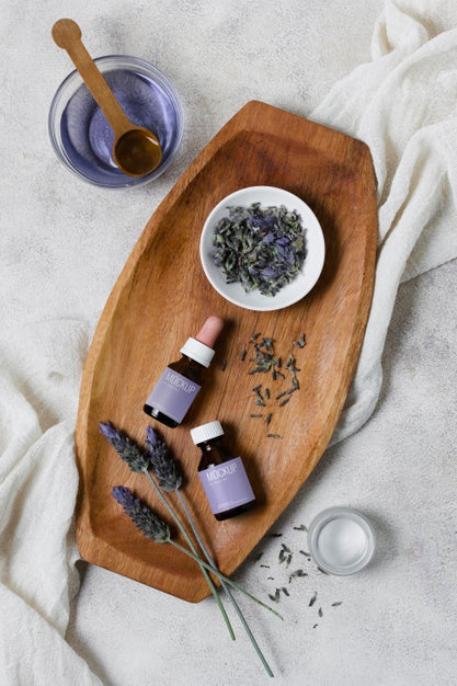 Free Wooden Tray With Lavender Serum Psd