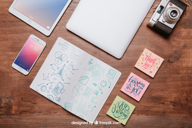 Free Workspace Mockup From Above With Sticky Notes Psd