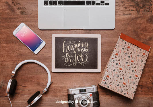 Free Workspace Mockup With Slate And Laptop Psd
