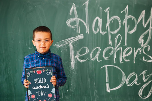 Free World Teacher Day Mockup With Kid Holding Clipboard Psd