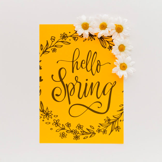 Free Yellow Paper Mockup With Spring Flowers Psd