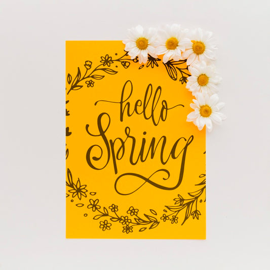 Free Yellow Paper Mockup With Spring Flowers Psd