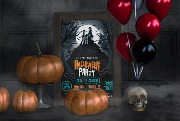 Free You Are Invited To Halloween Party With Pumpkins And Balloons Psd
