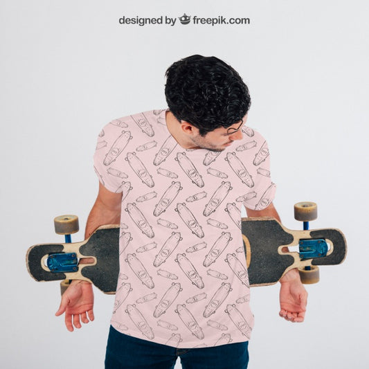 Free Young Guy With Skateboard And T-Shirt'S Mock Up Psd