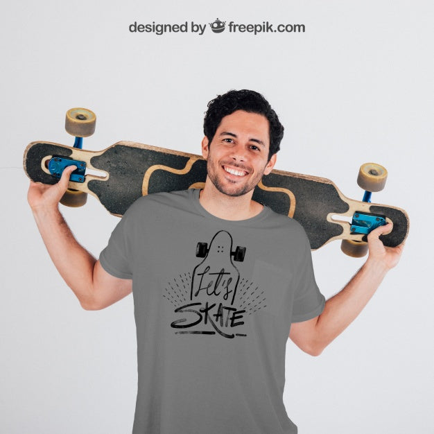 Free Young Skater With Grey T-Shirt'S Mock Up Psd
