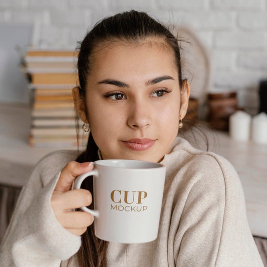 Free Young Woman Holding A Mock-Up Cup Psd