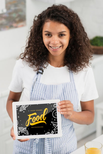 Free Young Woman Holding Frame With Food Message Psd