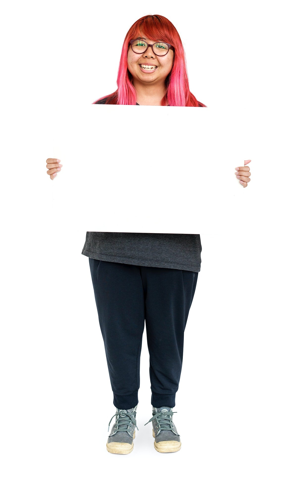 Free Young Woman Pink Hair Holding Empty Board For Communication Advertising
